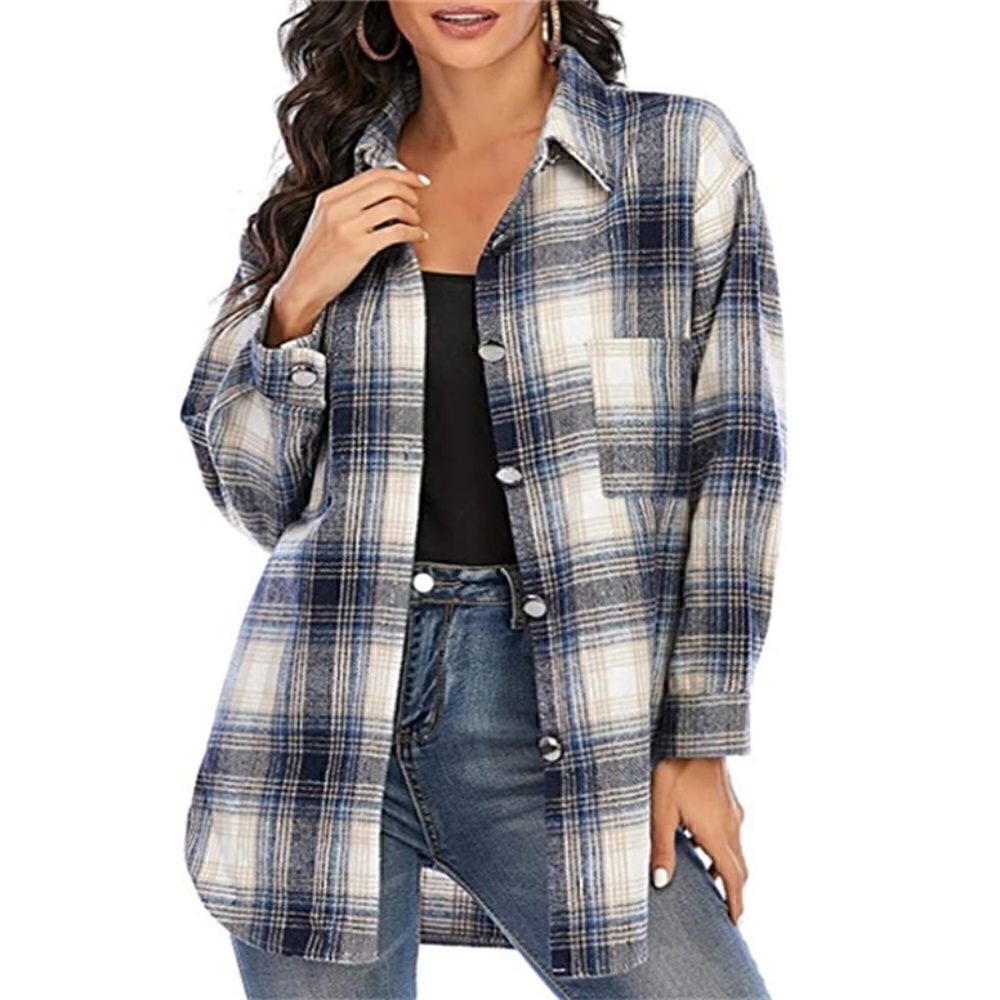 NEW! Long Sleeved Flannel Shirt Jacket Single Breasted Plaid Shacket Boho Autumn